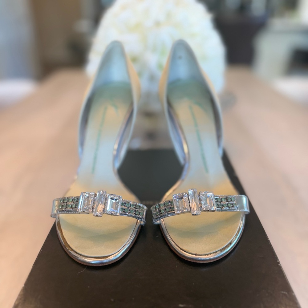 Giuseppe Zanotti crystal sandals pale pistachio green silk with Silver Heel